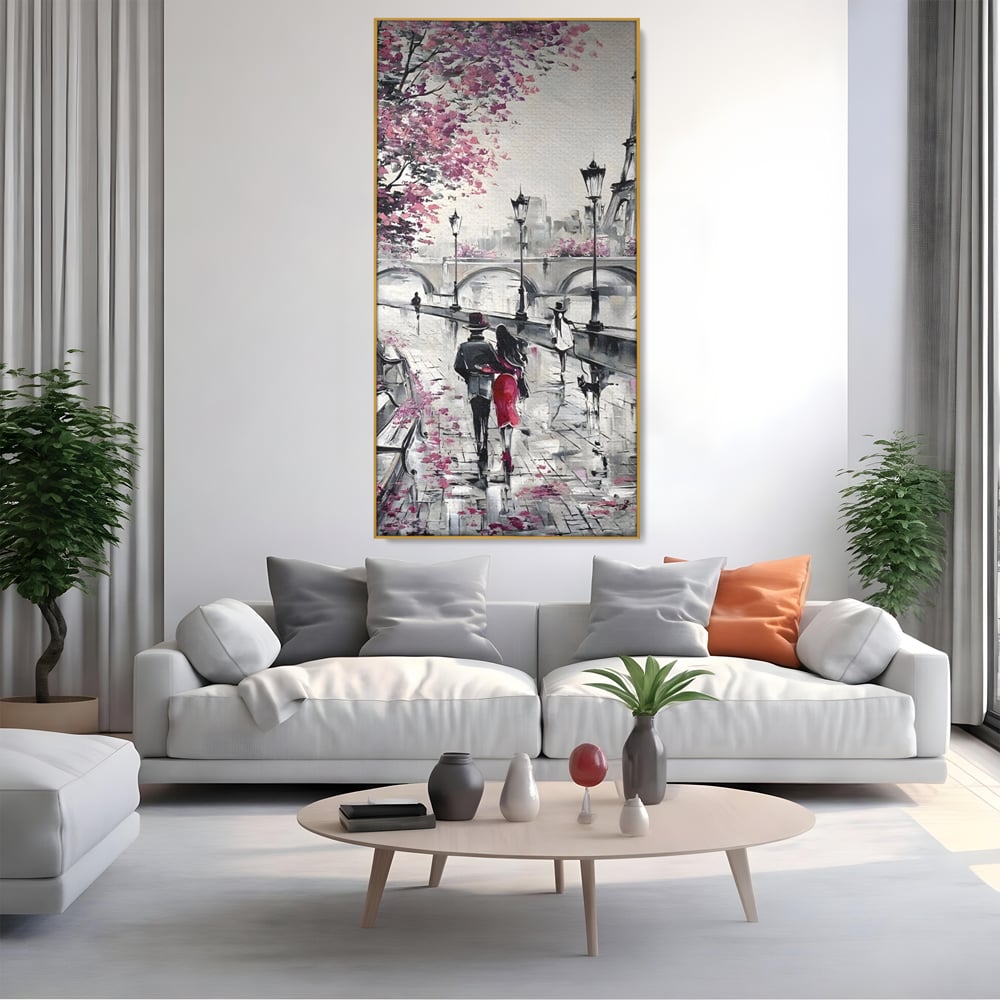 Tablou canvas cu pictura cu cuplu in paris, in rama de aluminiu auriu, pe perete intr-un living